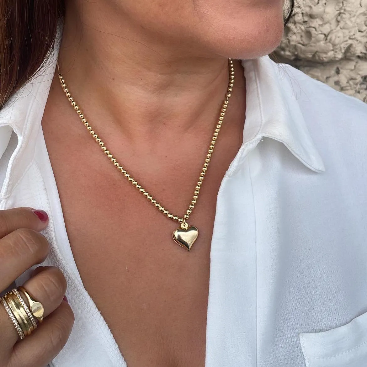 18k Gold Filled 4mm Beaded Choker With Heart Center