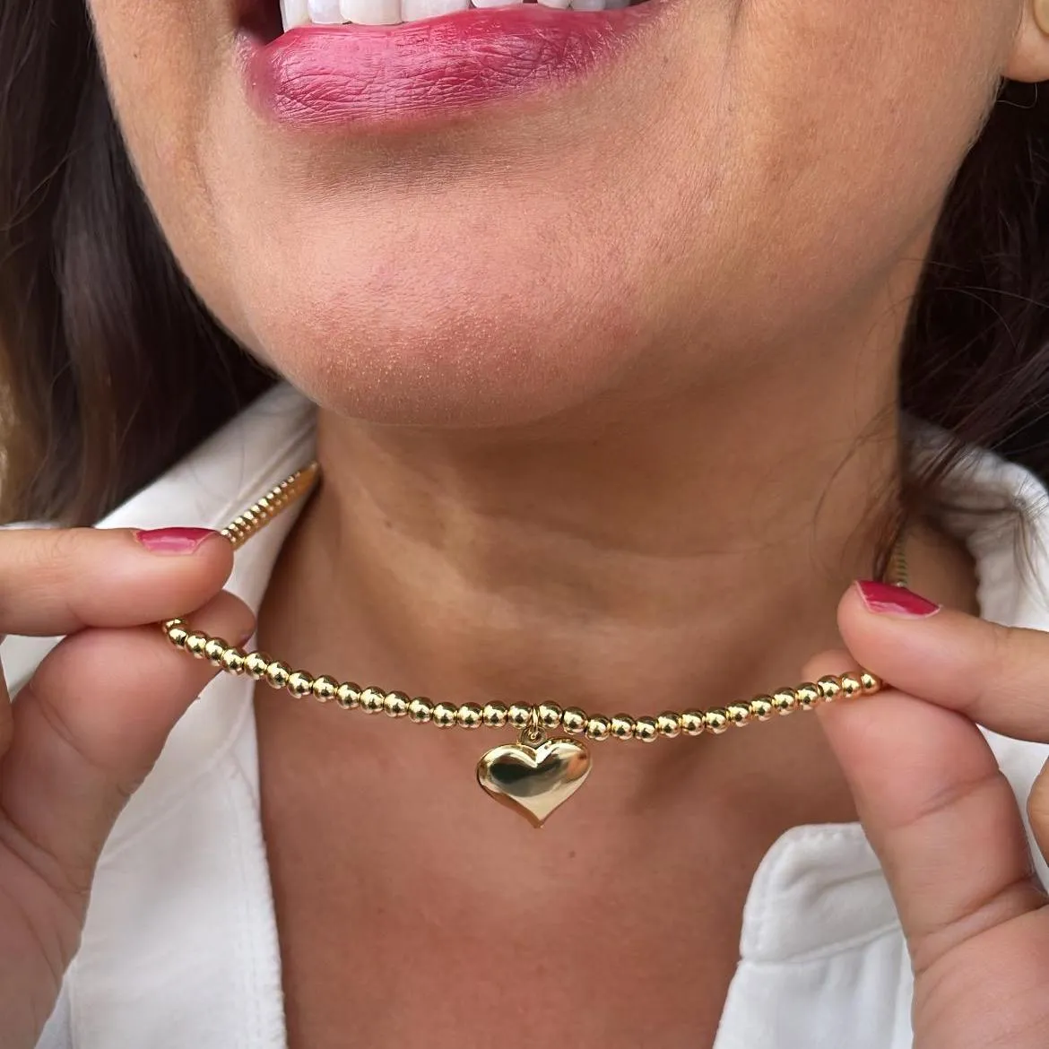 18k Gold Filled 4mm Beaded Choker With Heart Center