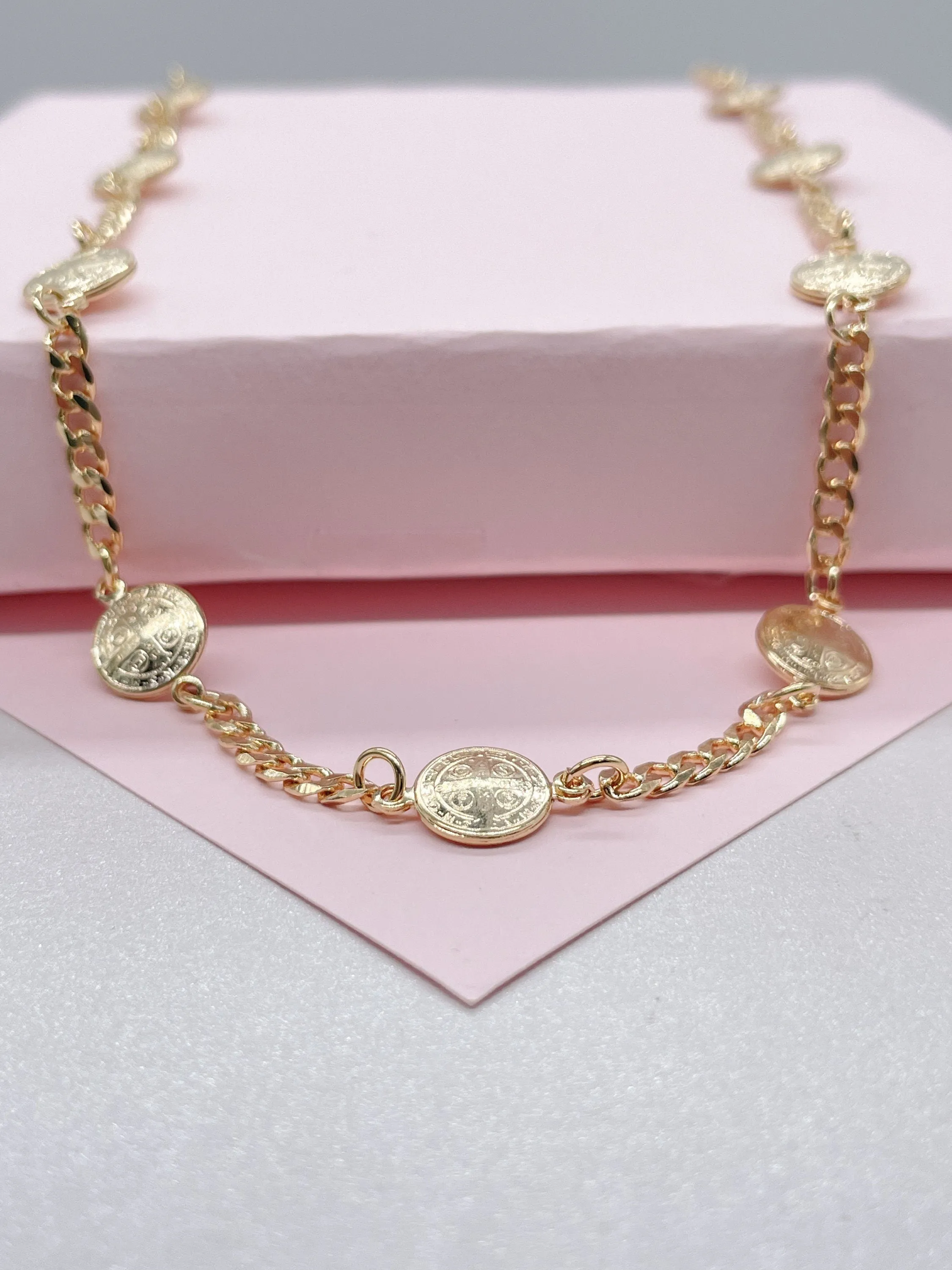 18k Gold Filled 8mm medallion and cuban link St Benedict Choker