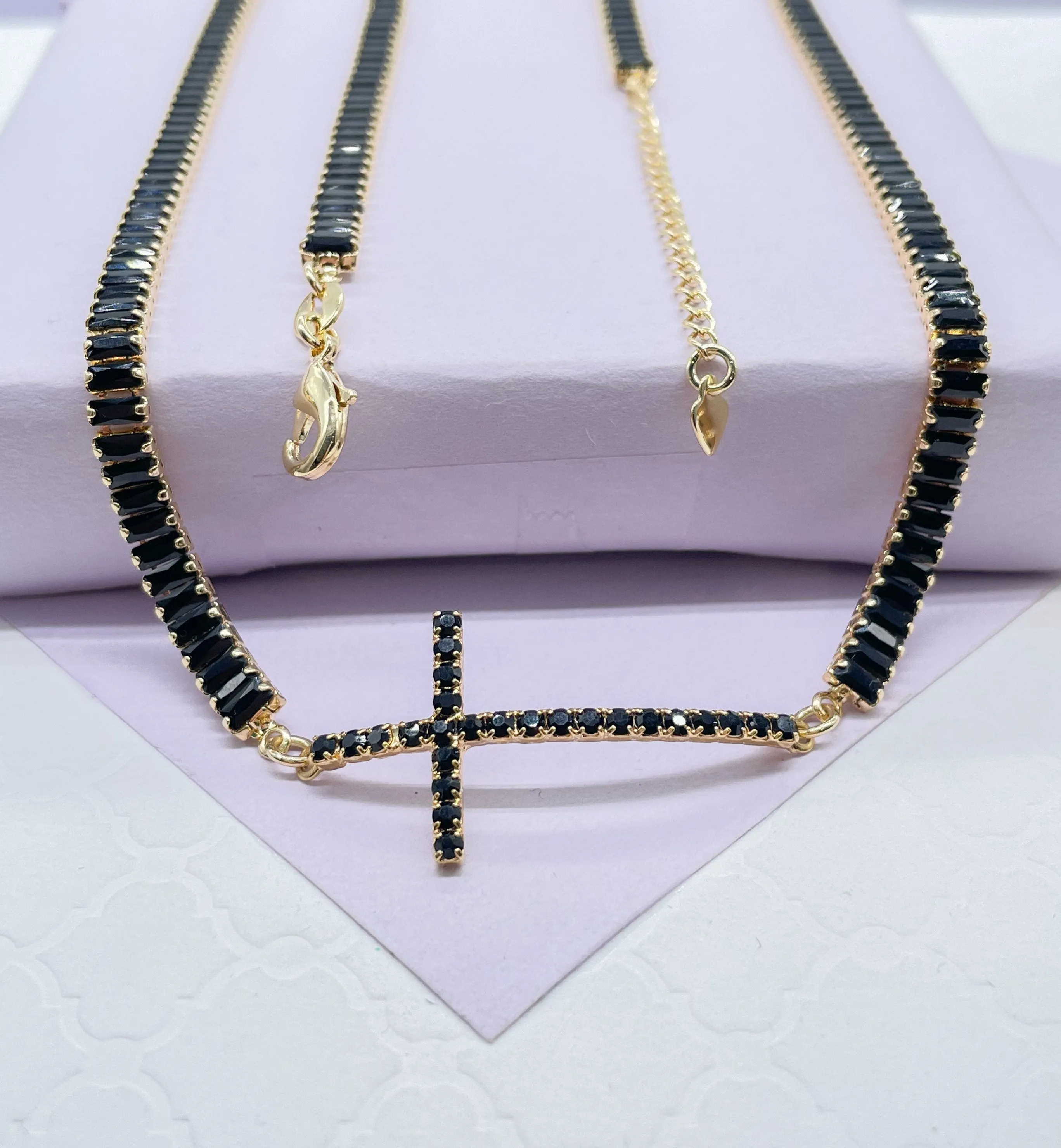 18k Gold Filled Baguette Choker With CZ Pavè Cross In The Center