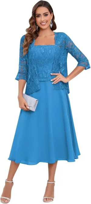 2 Piece Mother of The Bride Dresses with Jacket for Wedding Tea Length Lace Chiffon Long Sleeve Formal Dresses