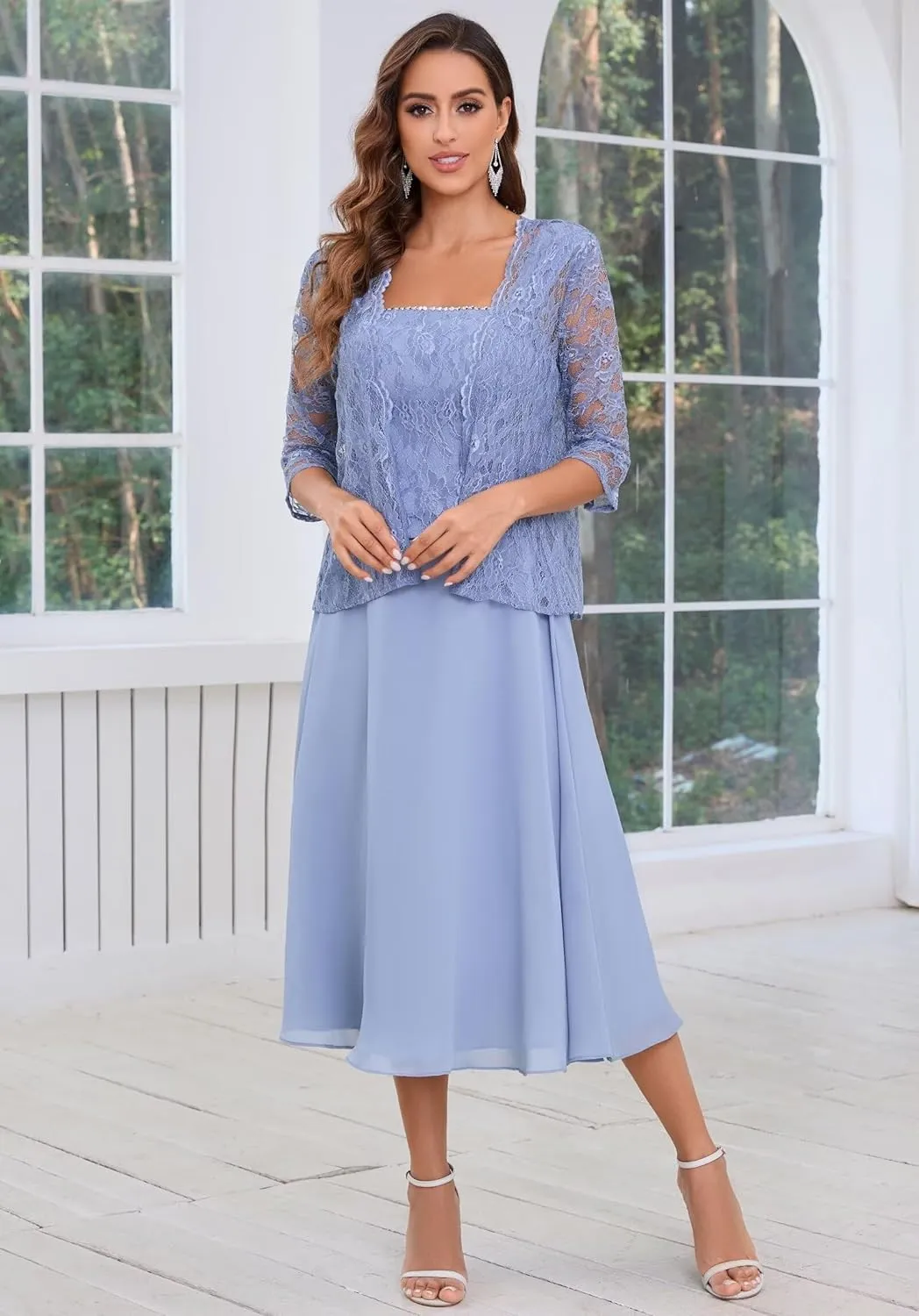 2 Piece Mother of The Bride Dresses with Jacket for Wedding Tea Length Lace Chiffon Long Sleeve Formal Dresses
