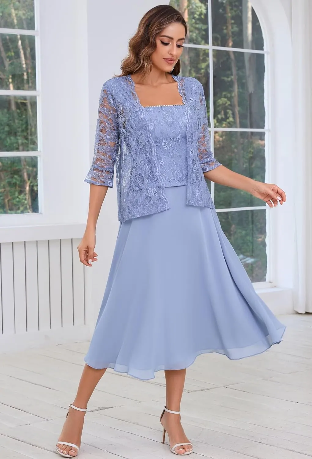 2 Piece Mother of The Bride Dresses with Jacket for Wedding Tea Length Lace Chiffon Long Sleeve Formal Dresses