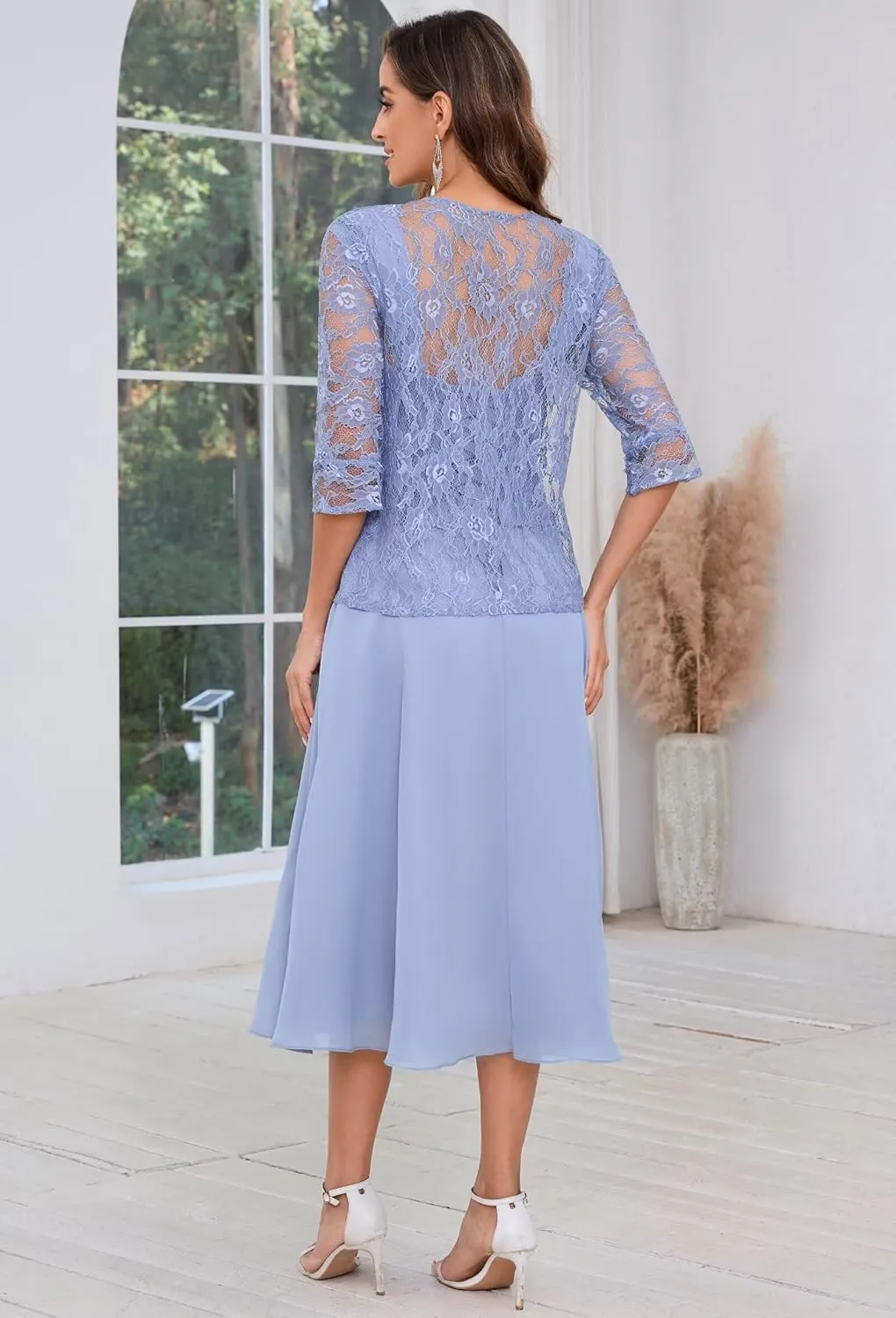 2 Piece Mother of The Bride Dresses with Jacket for Wedding Tea Length Lace Chiffon Long Sleeve Formal Dresses