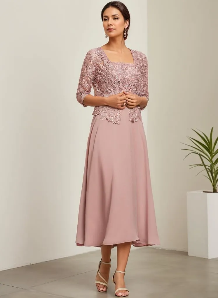 2 Pieces Mother of The Bride Dresses for Women Tea Length Formal Dress with Jacket Lace Evening Gown