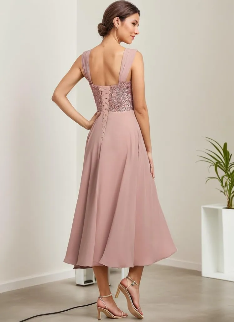 2 Pieces Mother of The Bride Dresses for Women Tea Length Formal Dress with Jacket Lace Evening Gown