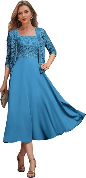 2 Pieces Mother of The Bride Dresses for Women Tea Length Formal Dress with Jacket Lace Evening Gown