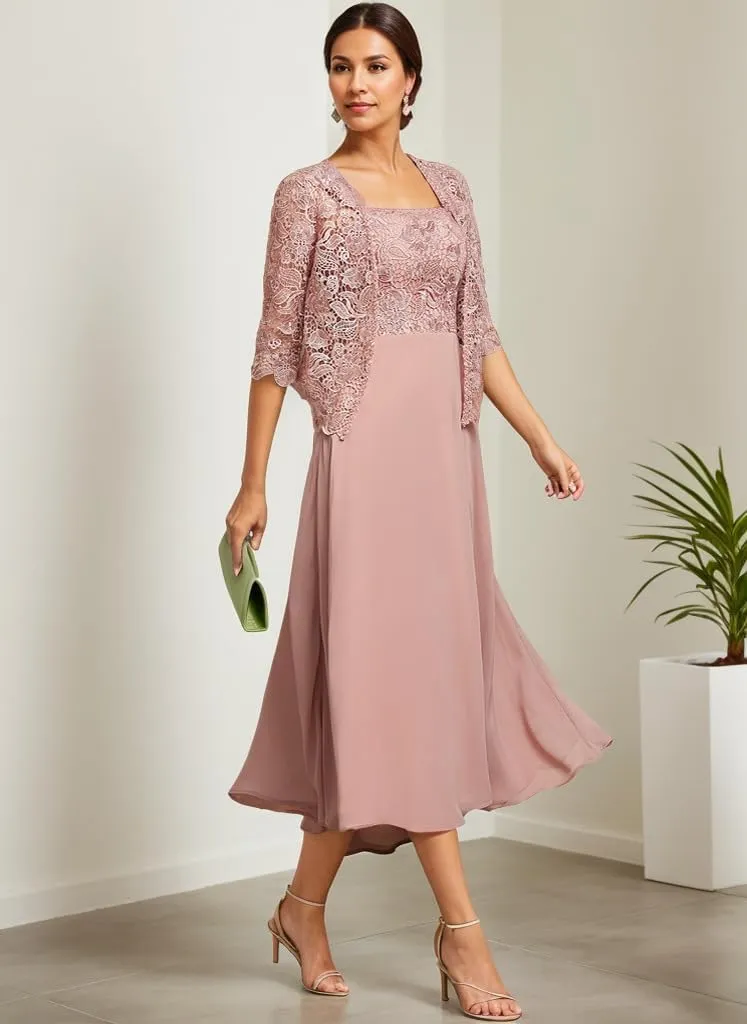 2 Pieces Mother of The Bride Dresses for Women Tea Length Formal Dress with Jacket Lace Evening Gown