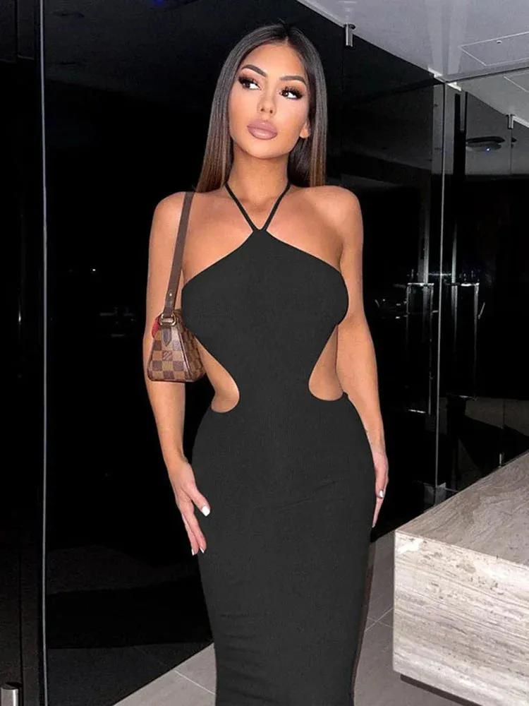2024 Summer Halter Women's Elegant Sleeveless Backless Club Party Cutout Bandage Midi Dress Clothes