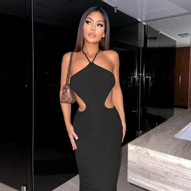 2024 Summer Halter Women's Elegant Sleeveless Backless Club Party Cutout Bandage Midi Dress Clothes