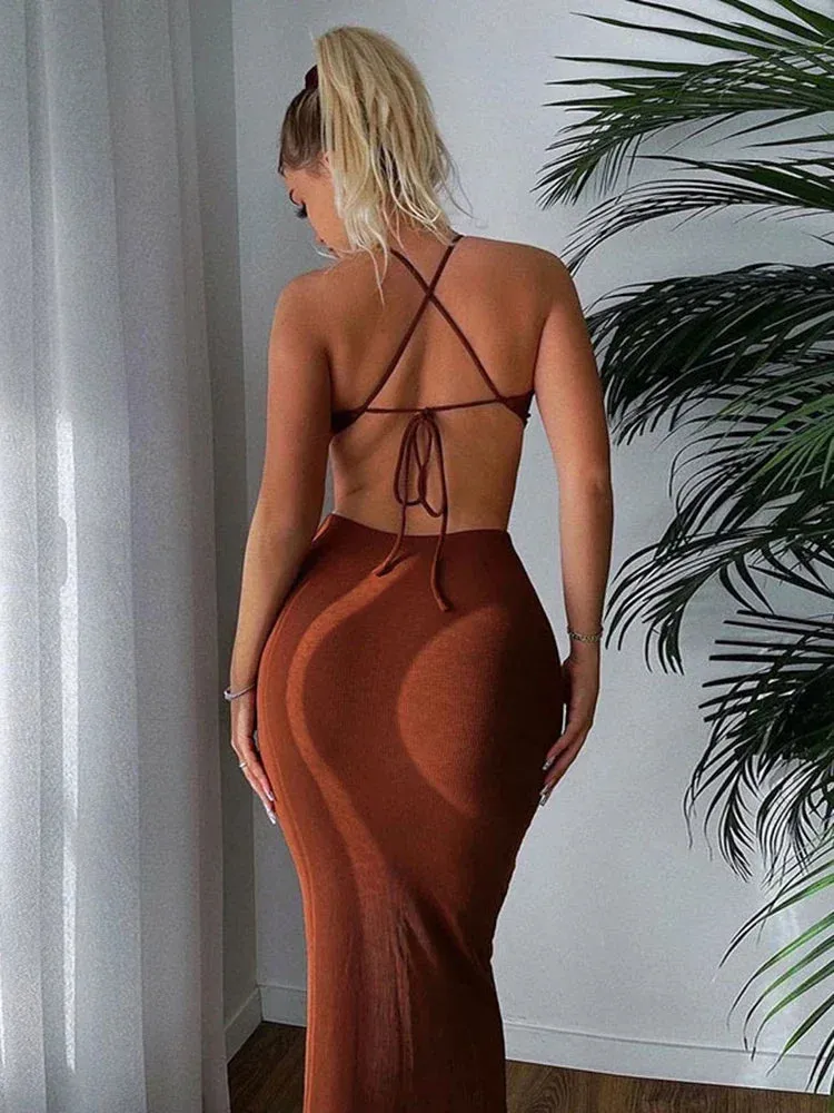 2024 Summer Halter Women's Elegant Sleeveless Backless Club Party Cutout Bandage Midi Dress Clothes