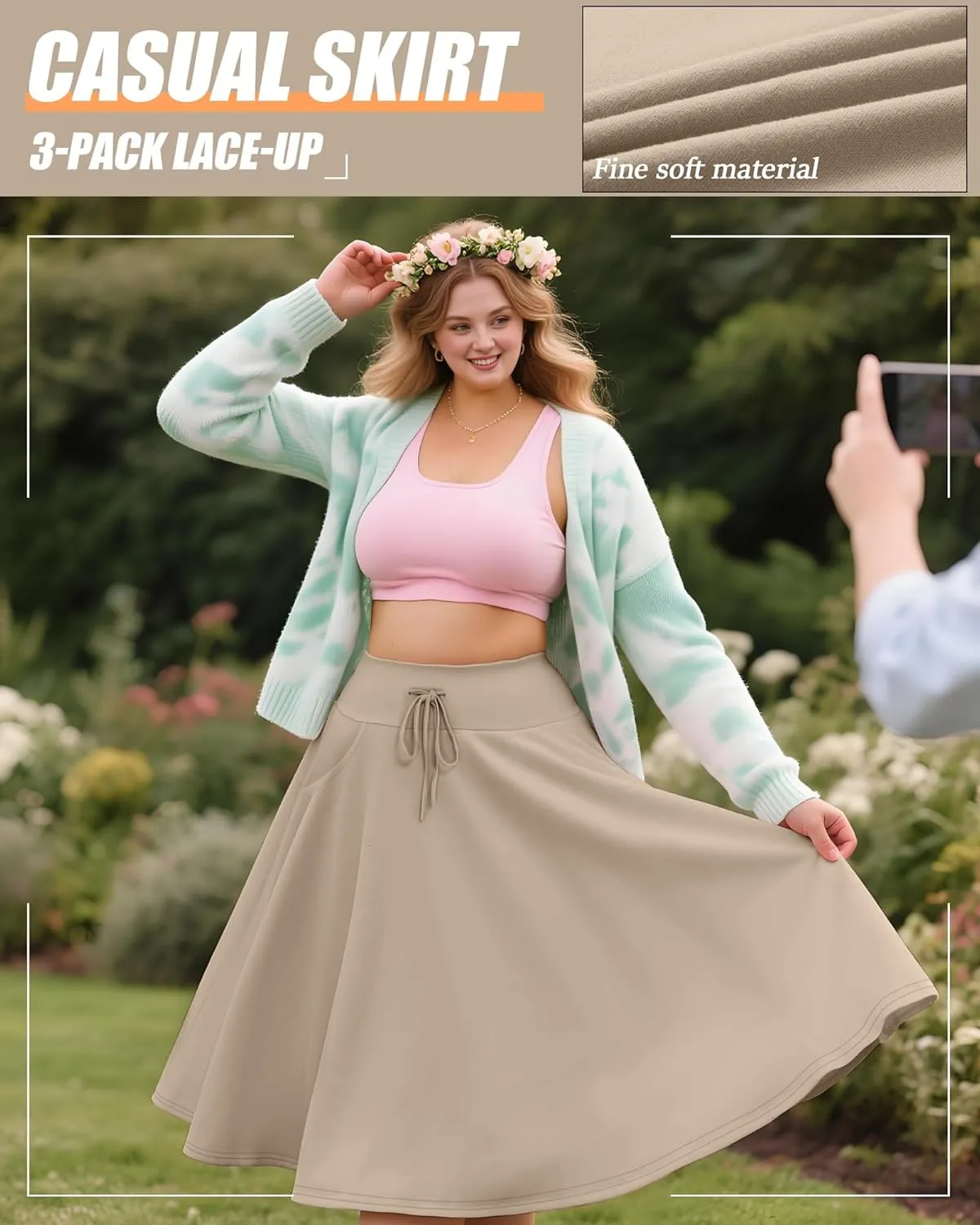 3 Pack Plus Size Skirts for Women Knee Length Flared Midi Stretchy Drawstring Summer Skirts 1X-5X
