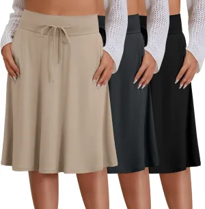 3 Pack Plus Size Skirts for Women Knee Length Flared Midi Stretchy Drawstring Summer Skirts 1X-5X