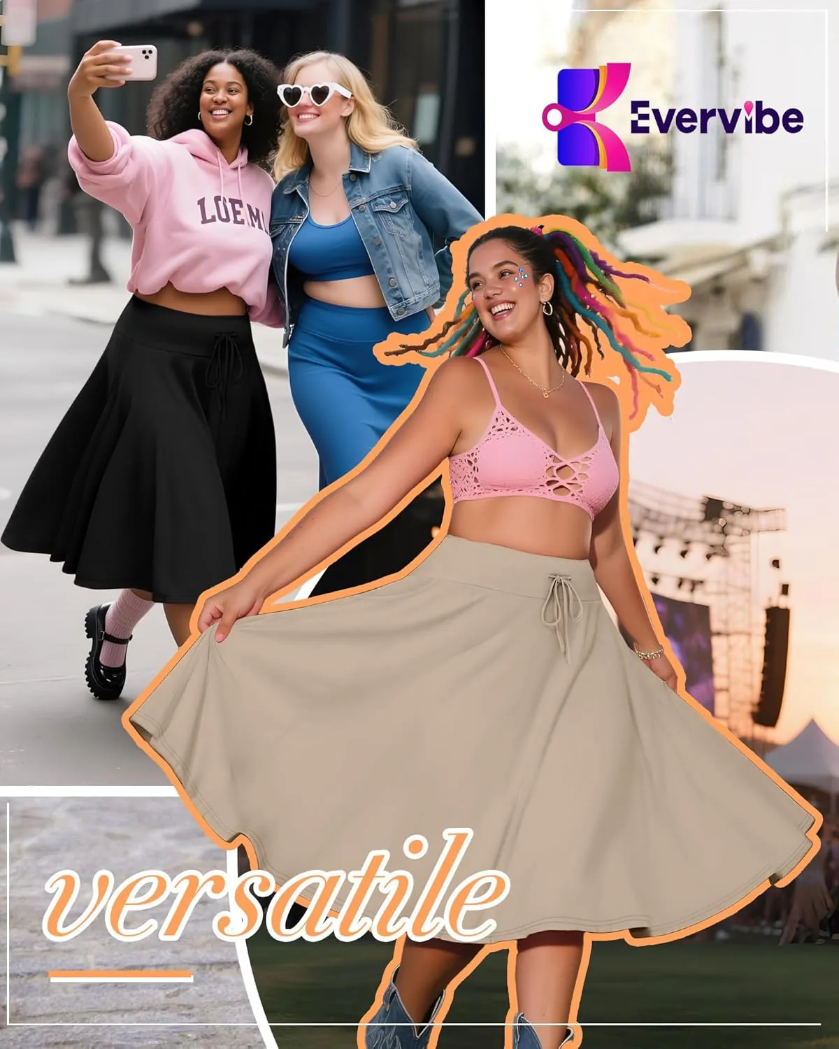 3 Pack Plus Size Skirts for Women Knee Length Flared Midi Stretchy Drawstring Summer Skirts 1X-5X
