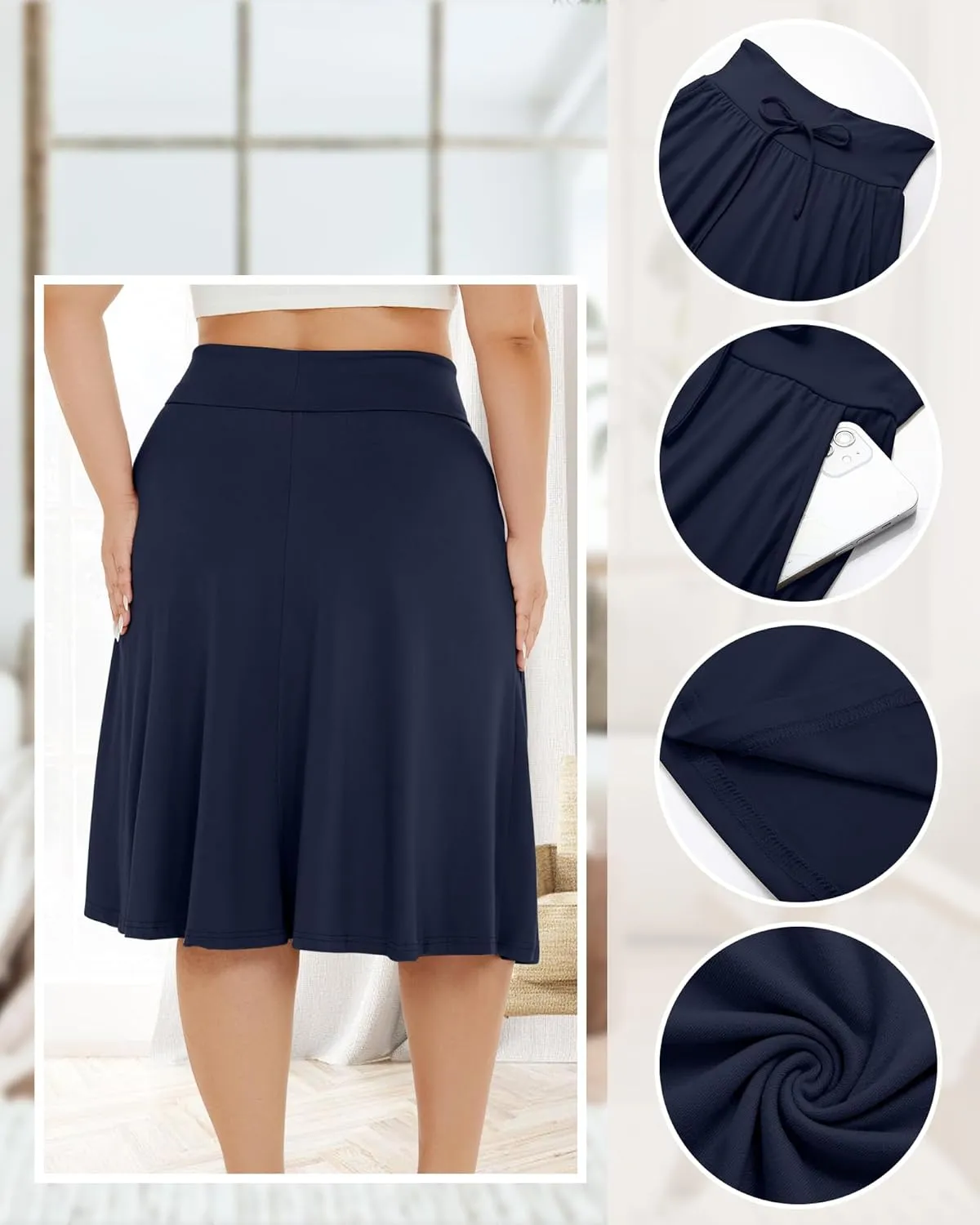 3 Pack Plus Size Skirts for Women Knee Length Flared Midi Stretchy Drawstring Summer Skirts 1X-5X