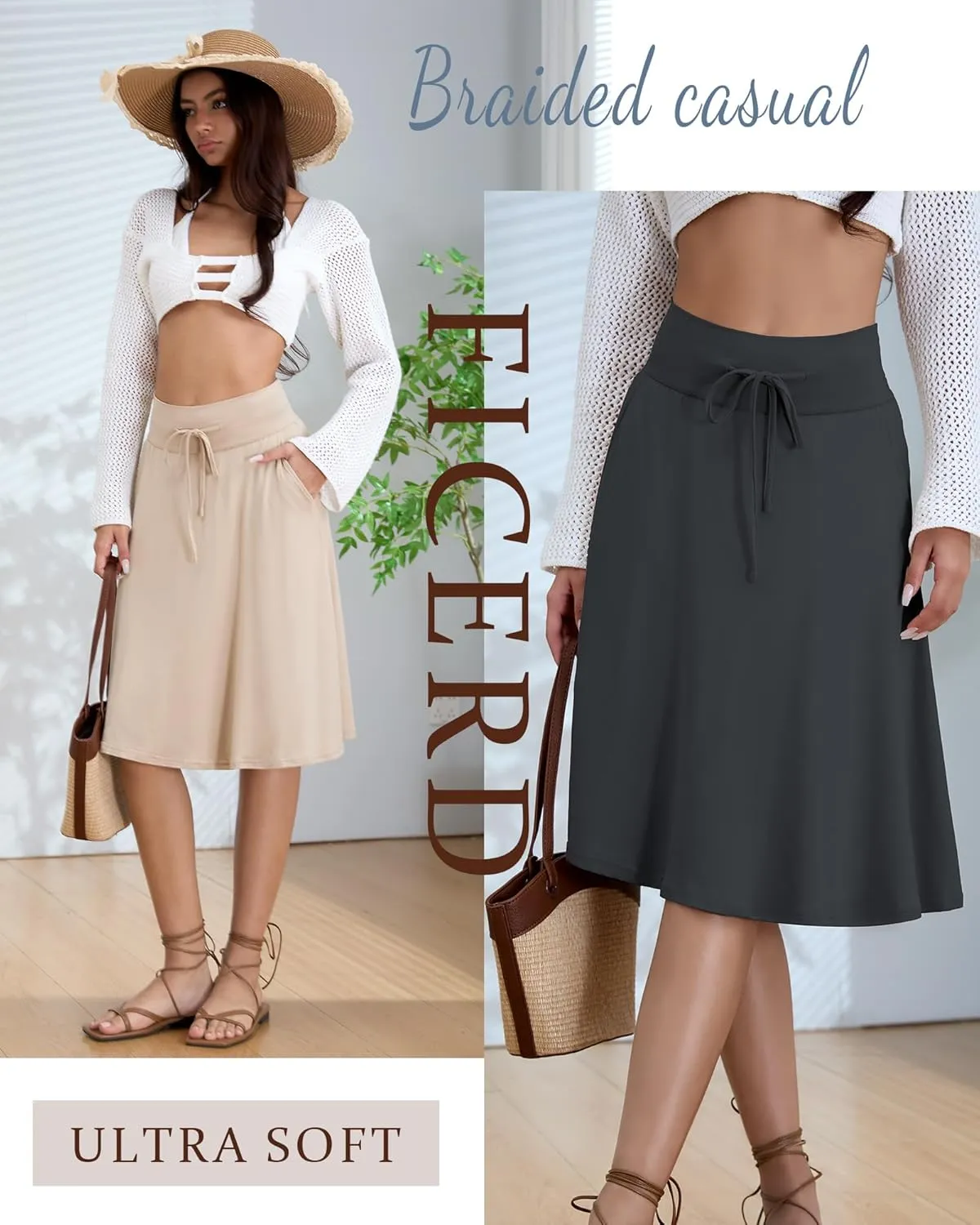 3 Pack Plus Size Skirts for Women Knee Length Flared Midi Stretchy Drawstring Summer Skirts 1X-5X