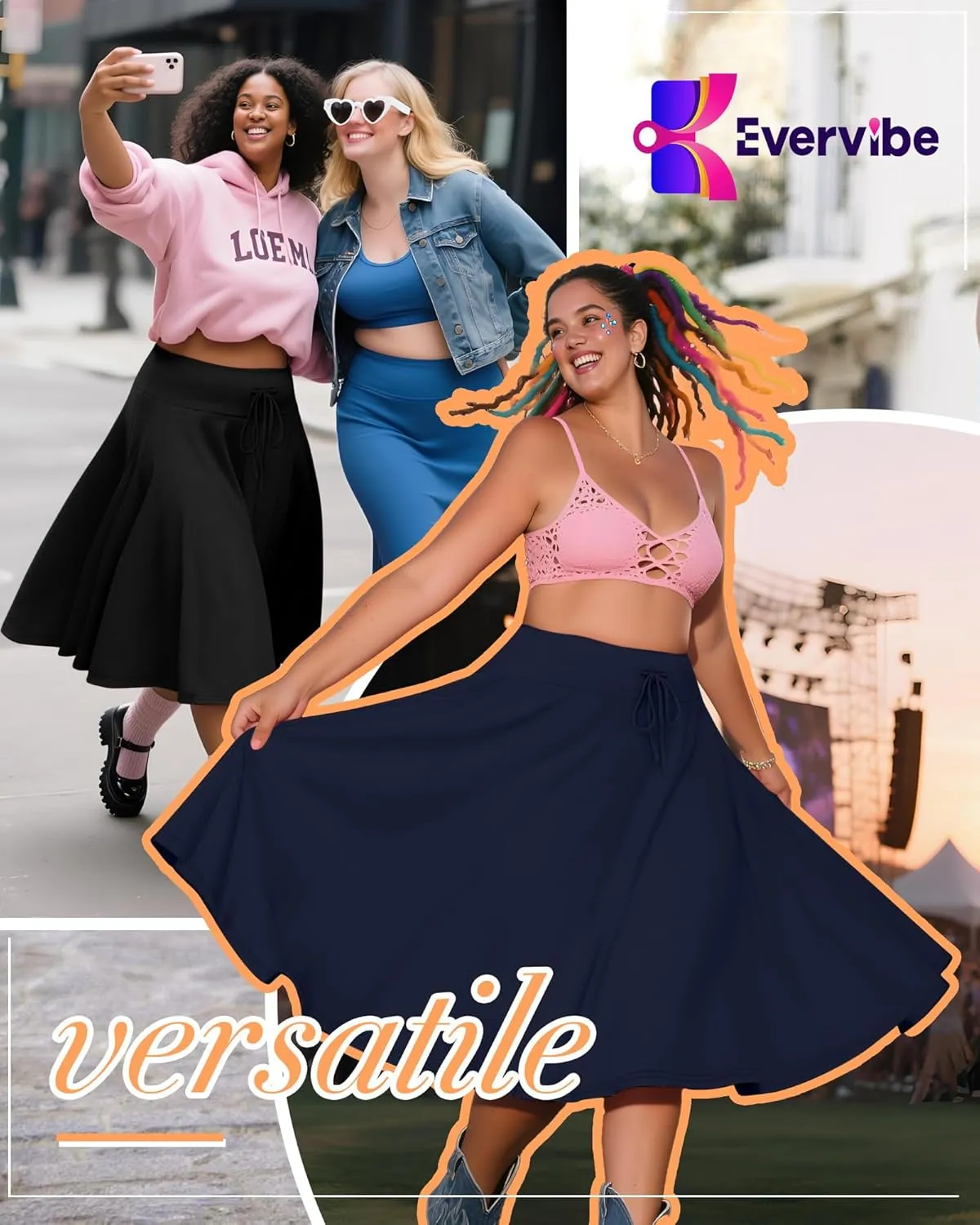 3 Pack Plus Size Skirts for Women Knee Length Flared Midi Stretchy Drawstring Summer Skirts 1X-5X