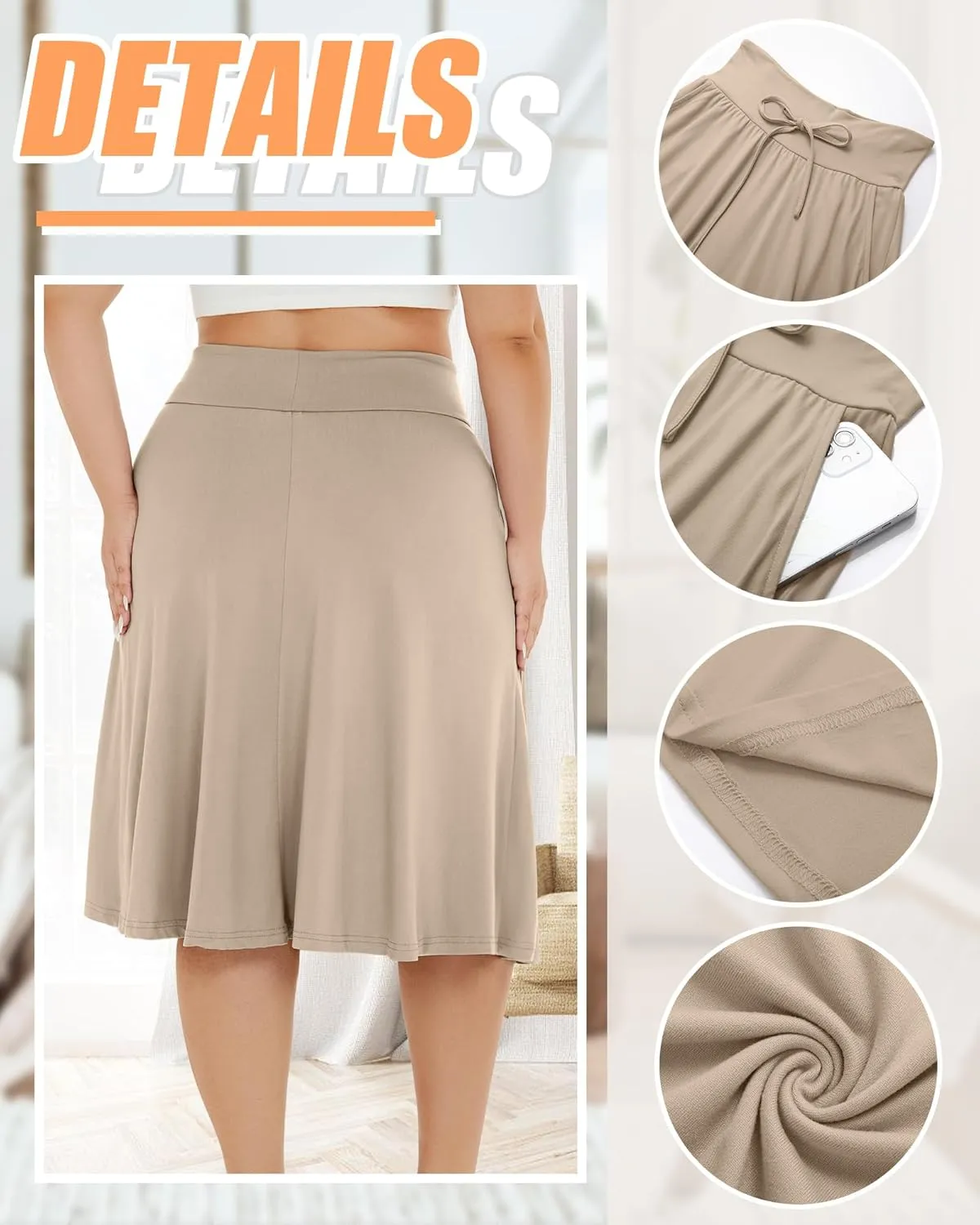 3 Pack Plus Size Skirts for Women Knee Length Flared Midi Stretchy Drawstring Summer Skirts 1X-5X