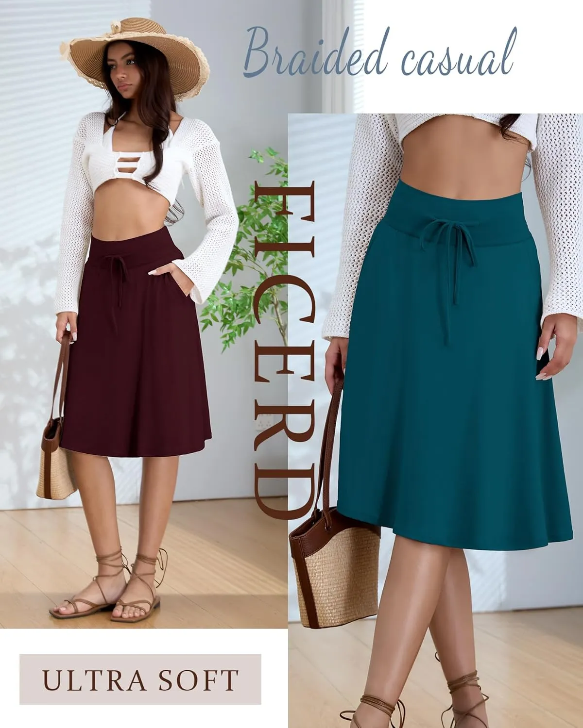 3 Pack Plus Size Skirts for Women Knee Length Flared Midi Stretchy Drawstring Summer Skirts 1X-5X