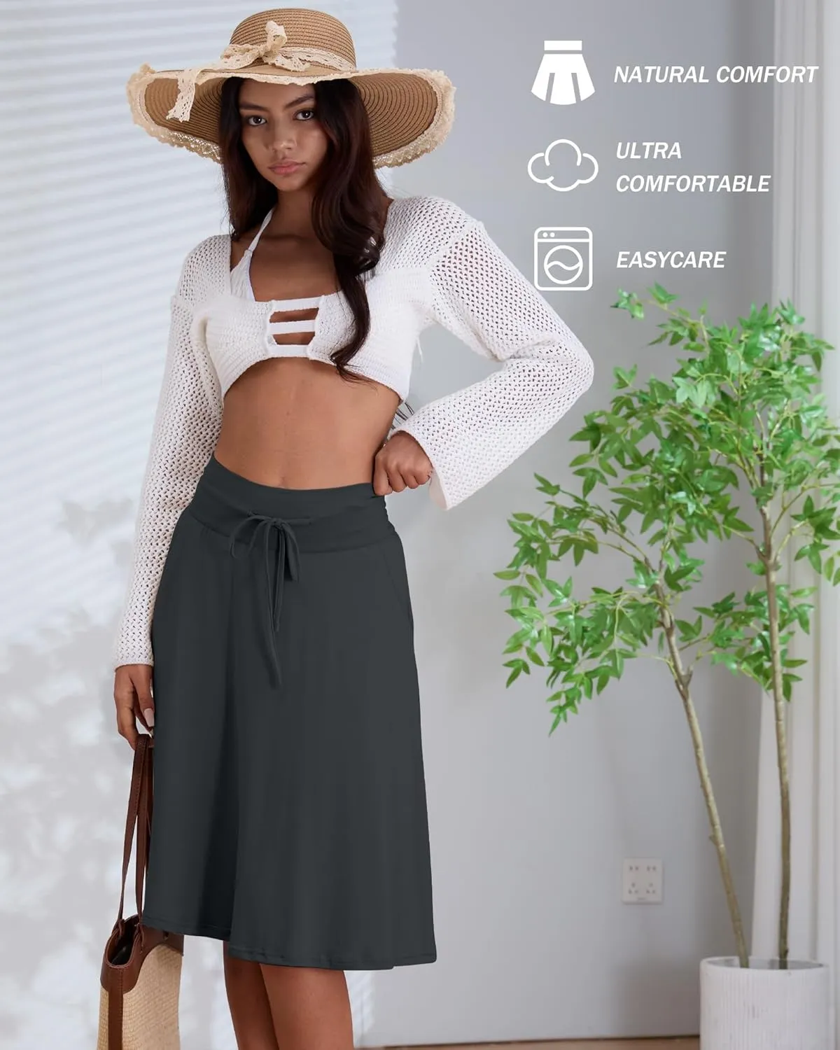 3 Pack Plus Size Skirts for Women Knee Length Flared Midi Stretchy Drawstring Summer Skirts 1X-5X