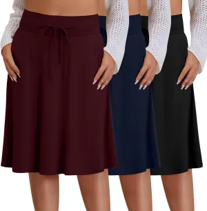 3 Pack Plus Size Skirts for Women Knee Length Flared Midi Stretchy Drawstring Summer Skirts 1X-5X