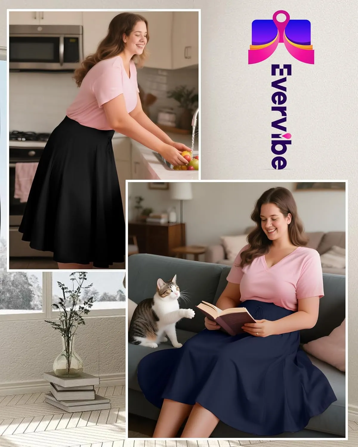 3 Pack Plus Size Skirts for Women Knee Length Flared Midi Stretchy Drawstring Summer Skirts 1X-5X