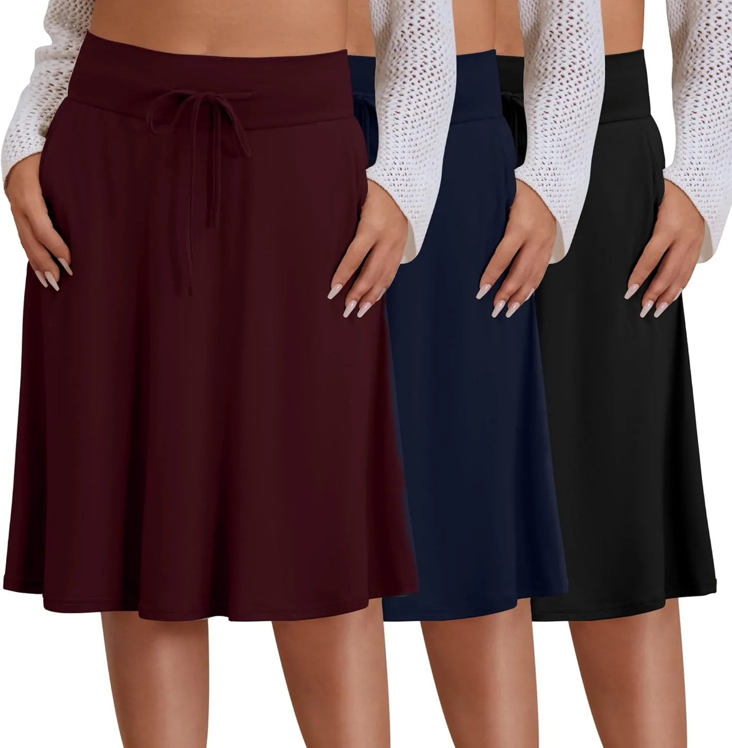 3 Pack Plus Size Skirts for Women Knee Length Flared Midi Stretchy Drawstring Summer Skirts 1X-5X