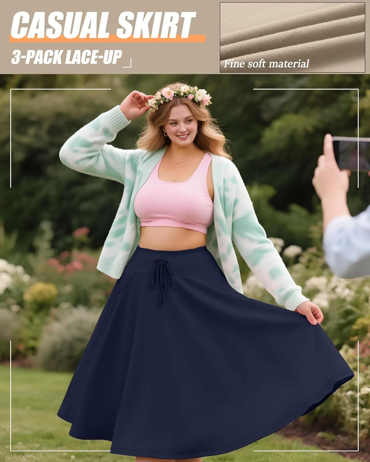 3 Pack Plus Size Skirts for Women Knee Length Flared Midi Stretchy Drawstring Summer Skirts 1X-5X