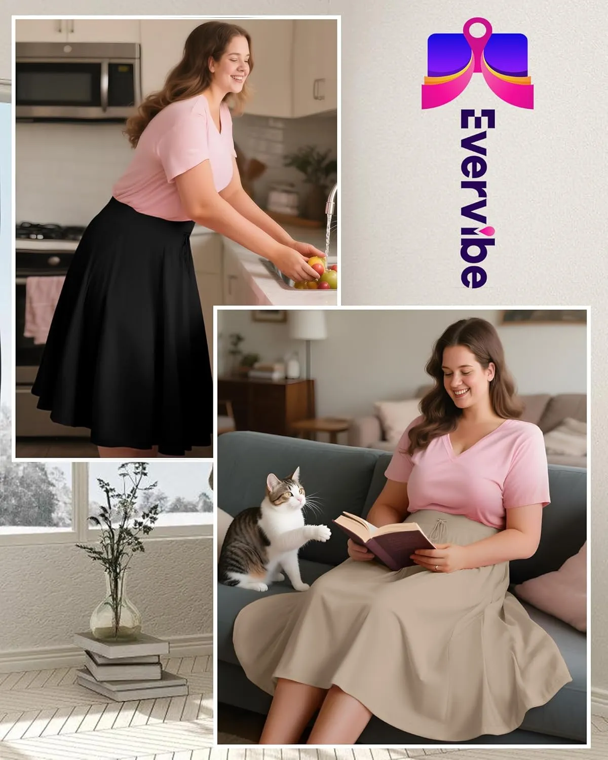 3 Pack Plus Size Skirts for Women Knee Length Flared Midi Stretchy Drawstring Summer Skirts 1X-5X