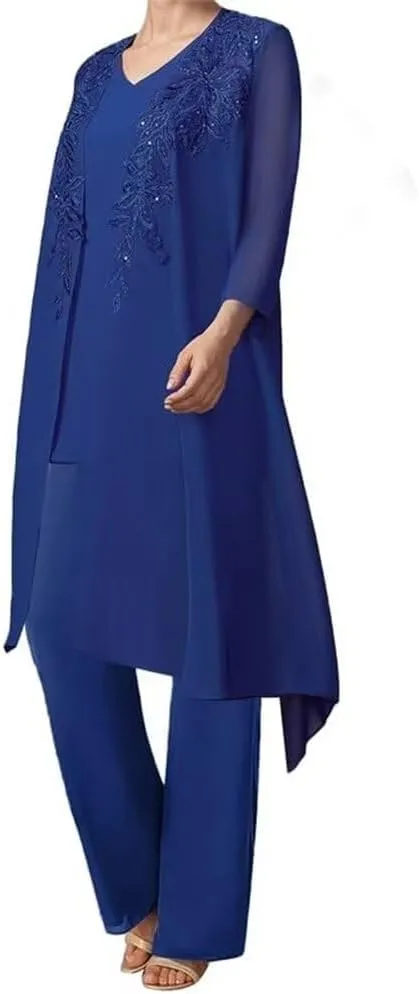 3 Pieces Sequins Mother of The Bride Dress Pant Suits Chiffon Lace Long Formal Evening Gowns with Jacket