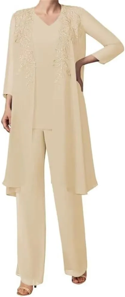 3 Pieces Sequins Mother of The Bride Dress Pant Suits Chiffon Lace Long Formal Evening Gowns with Jacket
