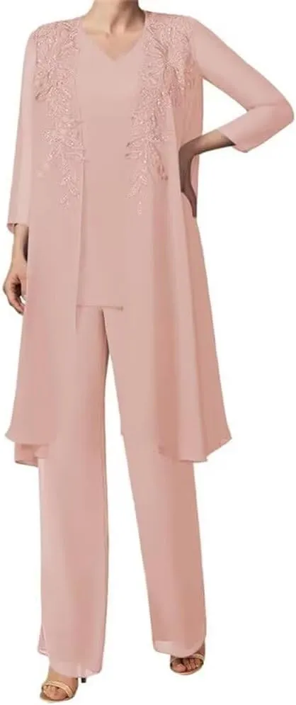 3 Pieces Sequins Mother of The Bride Dress Pant Suits Chiffon Lace Long Formal Evening Gowns with Jacket