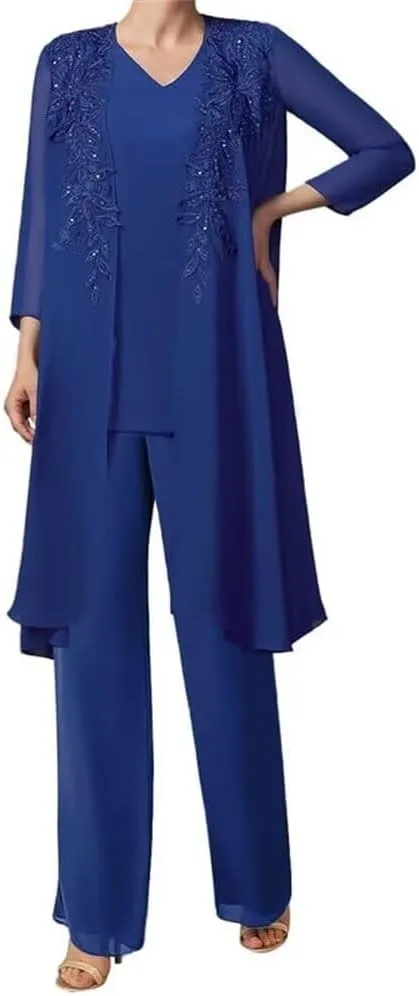 3 Pieces Sequins Mother of The Bride Dress Pant Suits Chiffon Lace Long Formal Evening Gowns with Jacket
