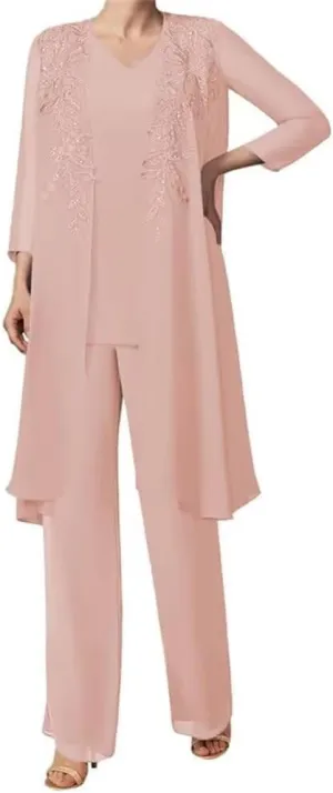 3 Pieces Sequins Mother of The Bride Dress Pant Suits Chiffon Lace Long Formal Evening Gowns with Jacket