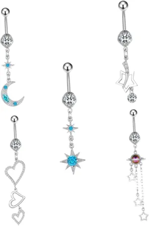 5pcs Zircon Belly Button Nails Dangle Belly Rings for Women Girl Dance Party