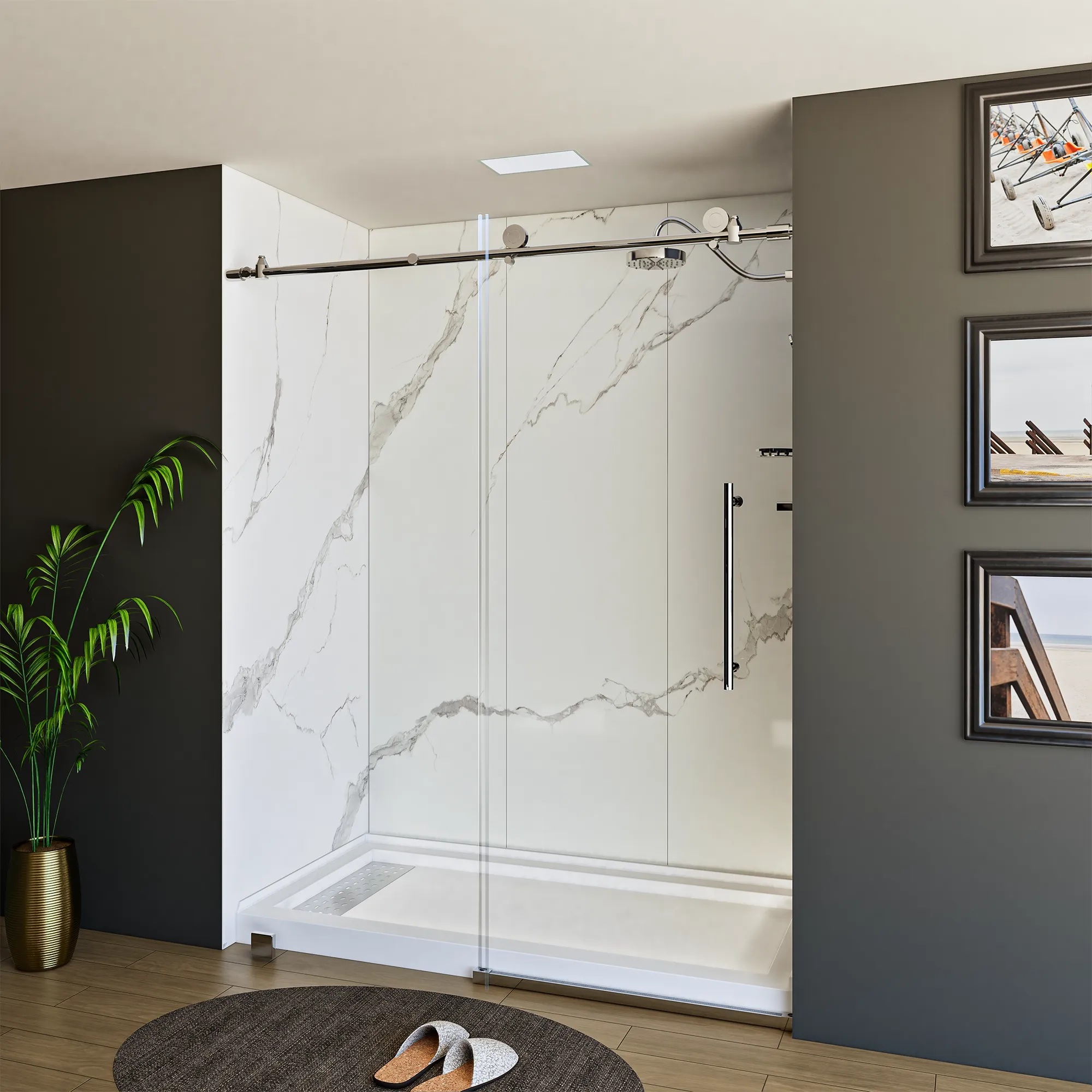 60" x 76" Frameless Shower Door - Acrylic Shower Pan with Linear Drain - Shower Kit with 5pc Shower Wall System