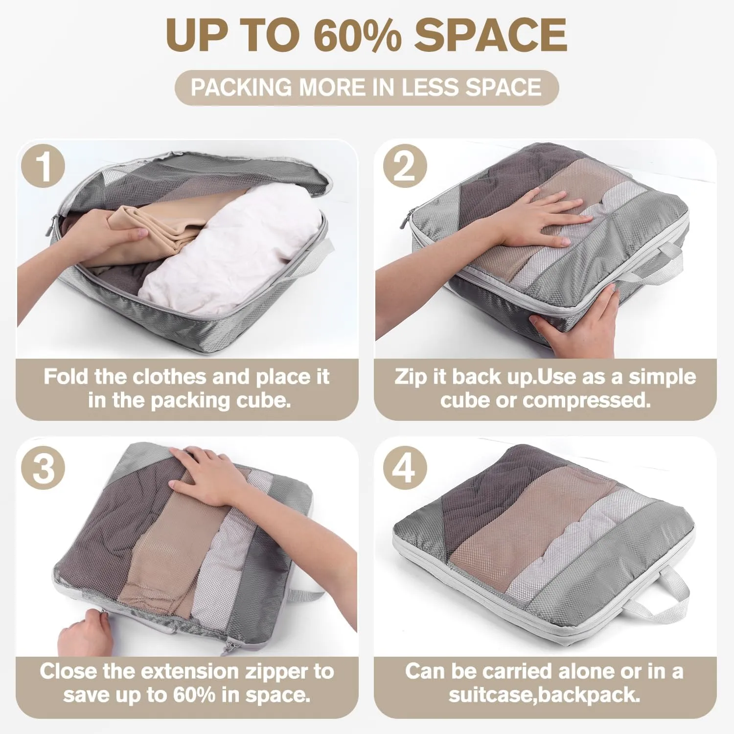 7 Set Compression Packing Cubes for Travel - Compressible, Lightweight, and Space-Saving Packing Cubes, with Double Zipper, Travel Organizer Bags, Grey