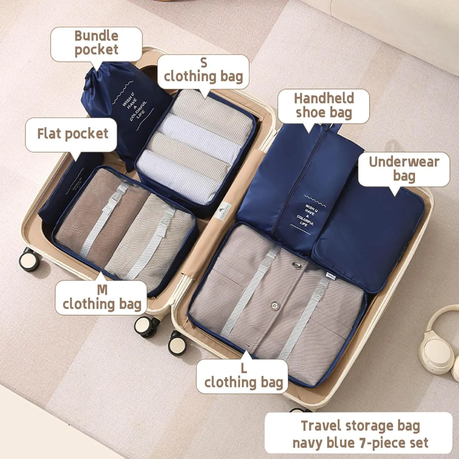 7 Set Packing Cubes for Suitcases, Travel Luggage Packing Organizers with Laundry Bag, Compression Travel Storage Bags, Clothing Underwear Bag, for Man & Women (Dark Blue)