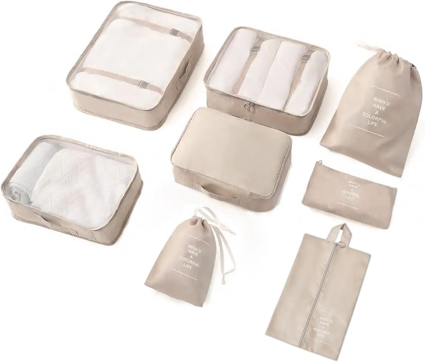 8 Pieces Mesh Packing Cubes for Travel, Luggage Packing Organizers Bags Set, Travel Essentials Suitcases Accessories with Laundry Bag, Storage Shoe Bag, Clothing Underwear Bag (Cream)