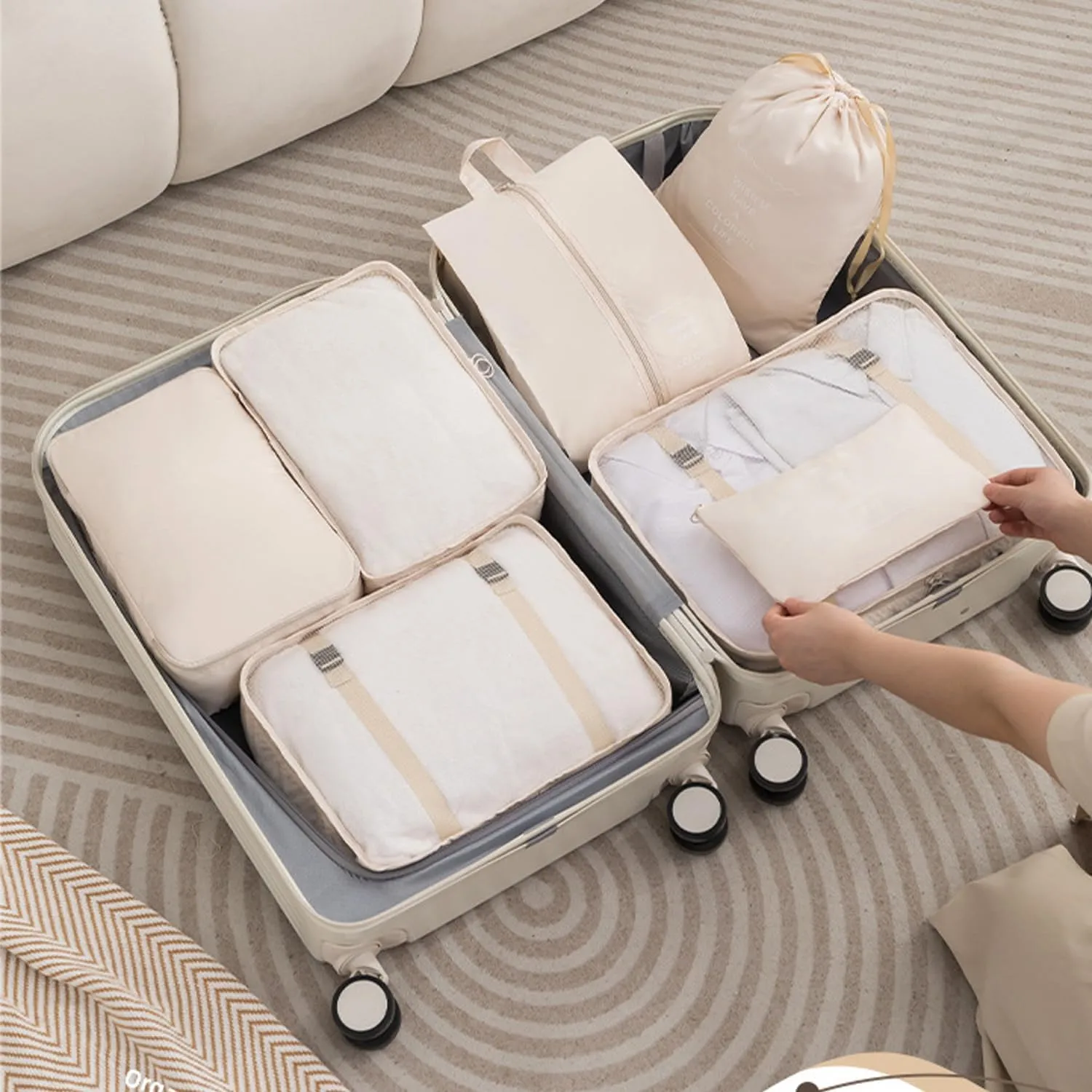 8 Pieces Mesh Packing Cubes for Travel, Luggage Packing Organizers Bags Set, Travel Essentials Suitcases Accessories with Laundry Bag, Storage Shoe Bag, Clothing Underwear Bag (Cream)