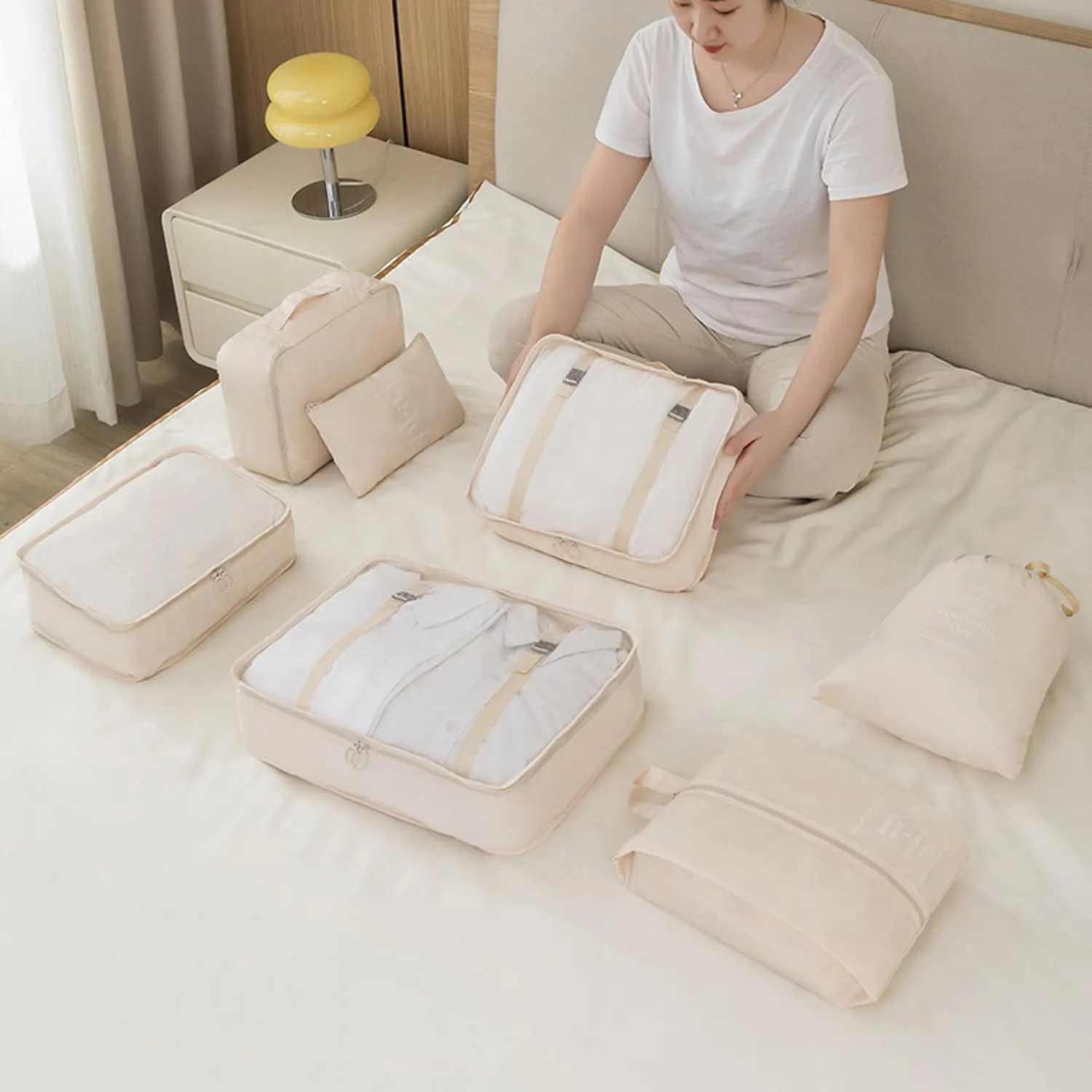 8 Pieces Mesh Packing Cubes for Travel, Luggage Packing Organizers Bags Set, Travel Essentials Suitcases Accessories with Laundry Bag, Storage Shoe Bag, Clothing Underwear Bag (Cream)