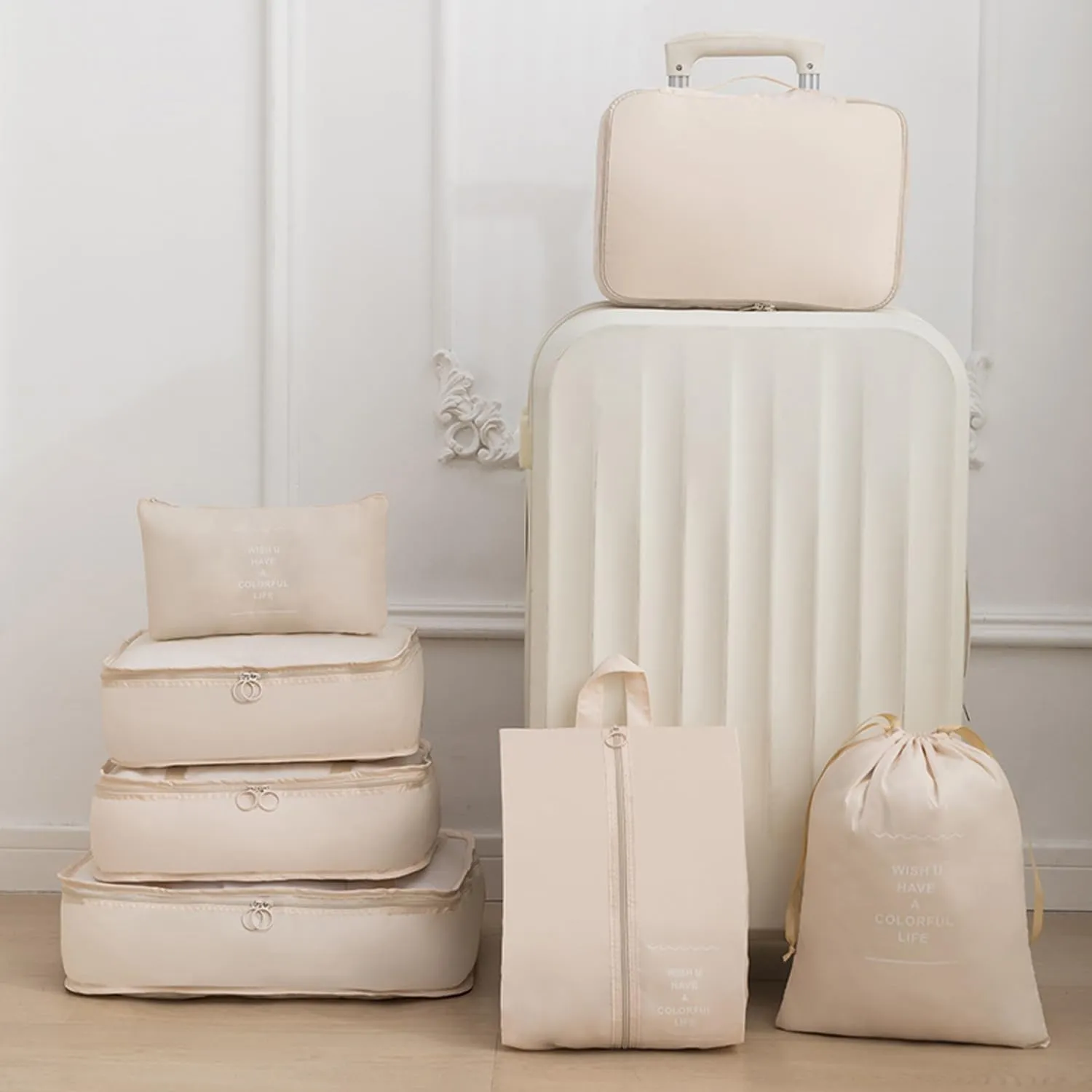 8 Pieces Mesh Packing Cubes for Travel, Luggage Packing Organizers Bags Set, Travel Essentials Suitcases Accessories with Laundry Bag, Storage Shoe Bag, Clothing Underwear Bag (Cream)