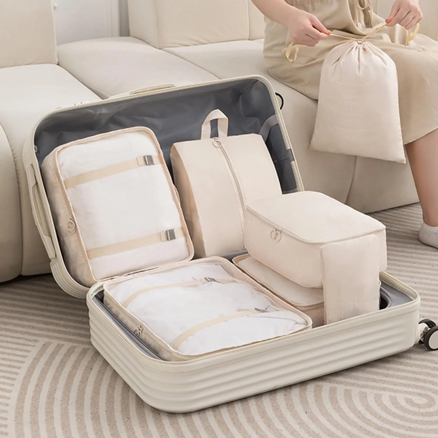 8 Pieces Mesh Packing Cubes for Travel, Luggage Packing Organizers Bags Set, Travel Essentials Suitcases Accessories with Laundry Bag, Storage Shoe Bag, Clothing Underwear Bag (Cream)