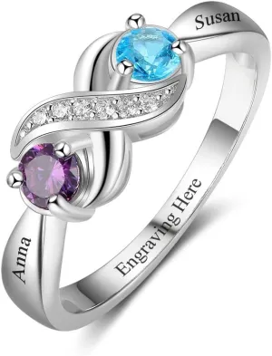 925 Sterling Silver Personalized Infinity Mothers Rings with 2 Round Simulated Birthstones Custom Engraved Engagement Promise Rings for Women (11)