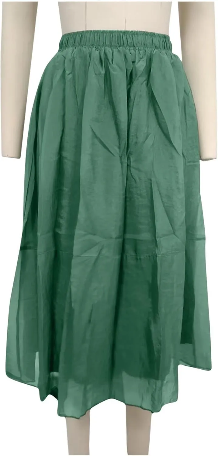 A Line Skirt Women Pleated Layered Skirts Casual Tulle Skirt Flowy Long Skirts High Waist Midi Skirt with Pockets