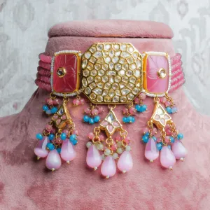 Abhiprithi Pink Kundan Choker with Earrings (Necklace and Earrings Set)