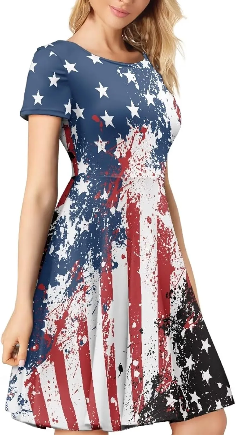 AFPANQZ Midi Dress Women Floral Summer Short-Sleeve Plus Size Scoop Neck A-line