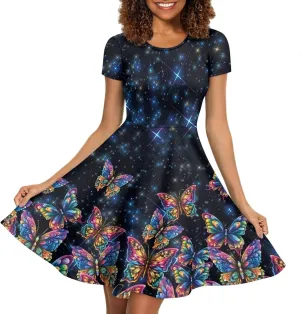 AFPANQZ Midi Dress Women Floral Summer Short-Sleeve Plus Size Scoop Neck A-line