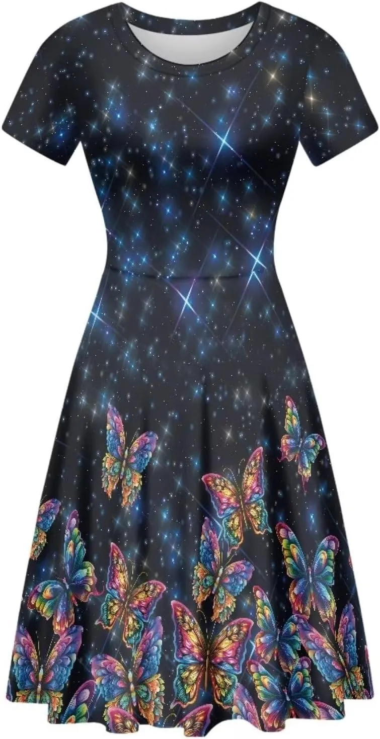 AFPANQZ Midi Dress Women Floral Summer Short-Sleeve Plus Size Scoop Neck A-line