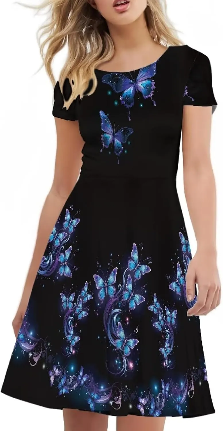 AFPANQZ Midi Dress Women Floral Summer Short-Sleeve Plus Size Scoop Neck A-line